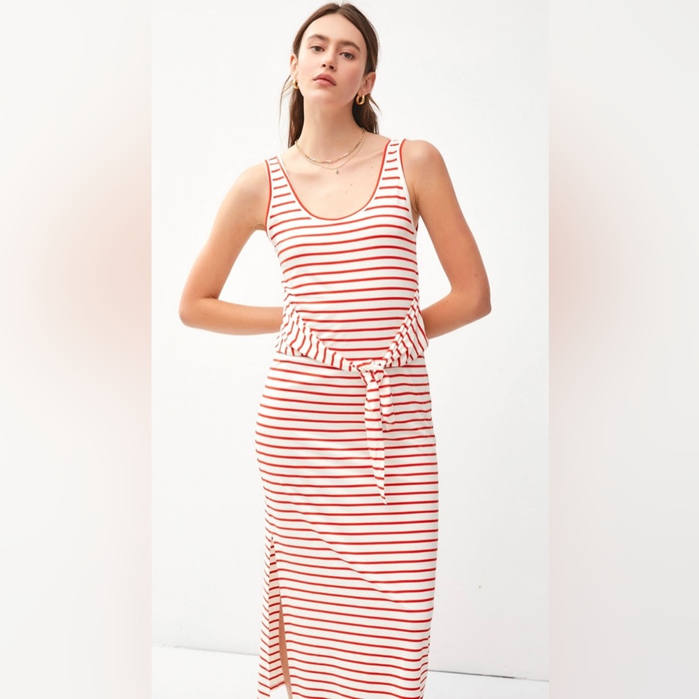 Ashli Red Stripe Waist Tie Knit Midi Dress